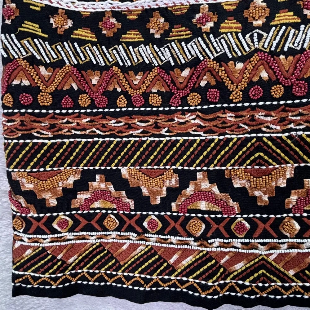 H&M Women Mini Skirt Size 10 Black Multicolor Beaded‎ Embroidered Geometric Boho